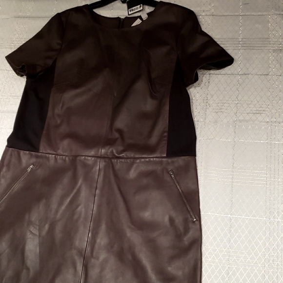 Halogen NORDSTROM New Leather & Ponte Knit Shift Dress ESPRESSO BLACK Womens XLP - Picture 9 of 16
